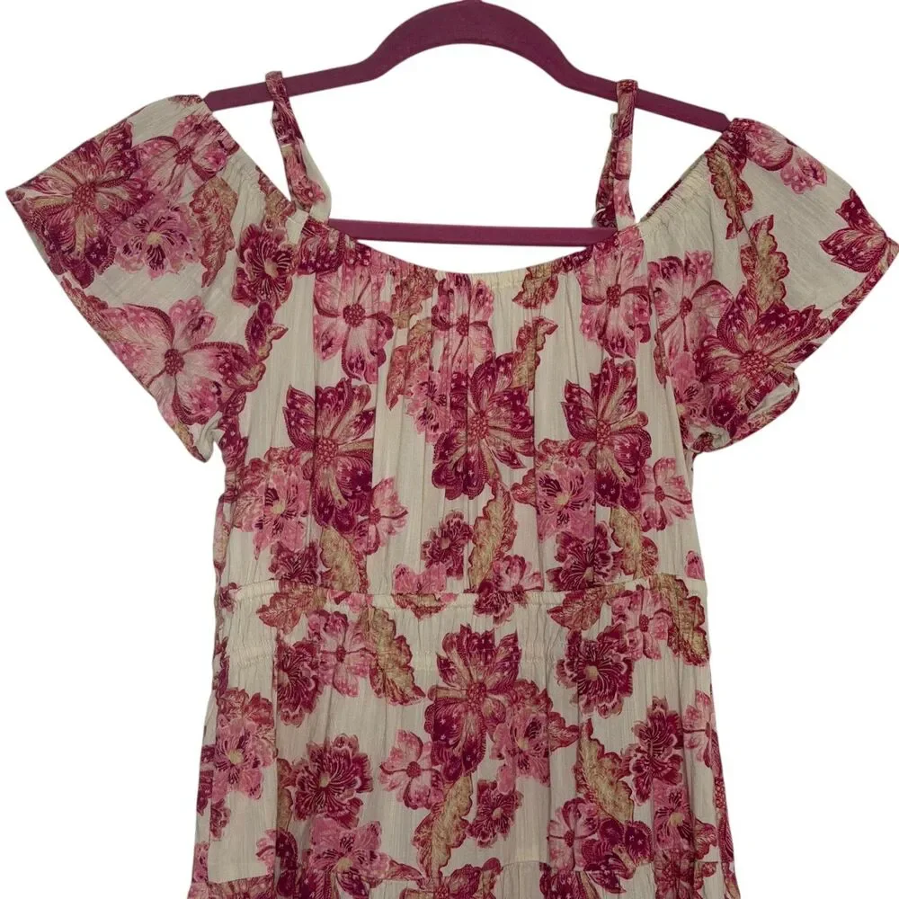 Old Navy Cold Shoulder Dress Tiered Fit Flare Floral Pink Cream XL 14 16